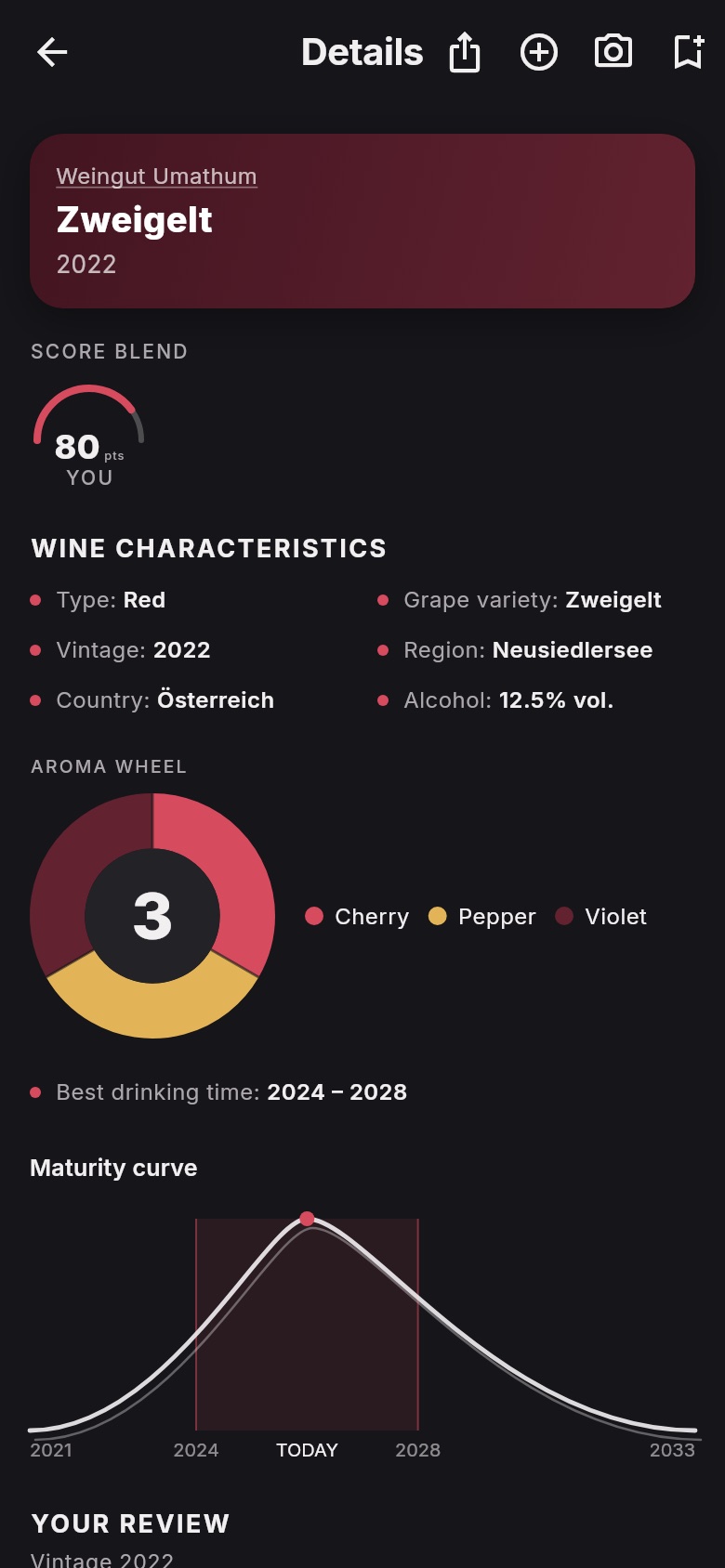 Wine detail page in Vinsieme with aroma wheel, drinking window and maturity curve
